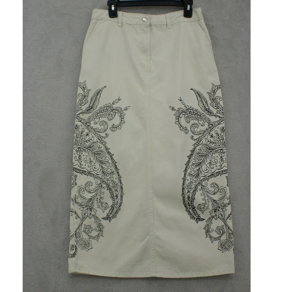 Broadway Paisley Graphic Print Off White Cotton Boho Chic Maxi Skirt Size 6